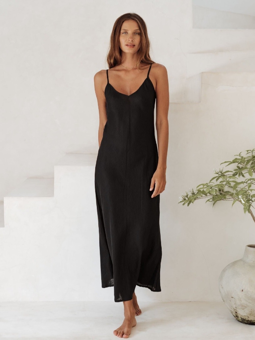 100% Linen LIKE NEW Black Amalfi Bias-Cut Slip Dress - S
